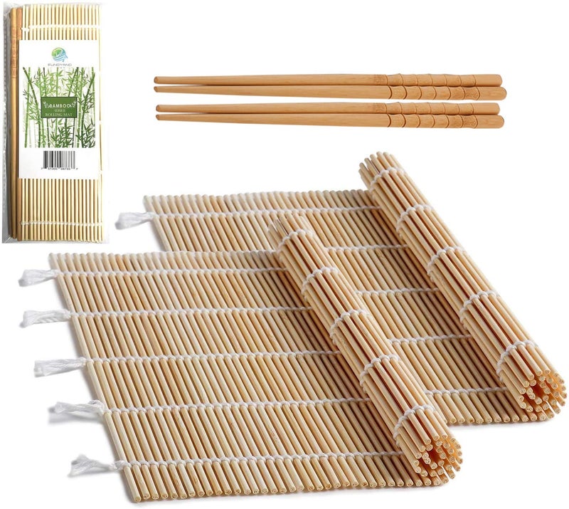 FUNGYAND Bamboo Sushi Rolling Mat with 2 Pairs of Chopsticks Natural Bamboo 9.5"x9.5" 2 Pcs Sushi Making Kit - Image 1